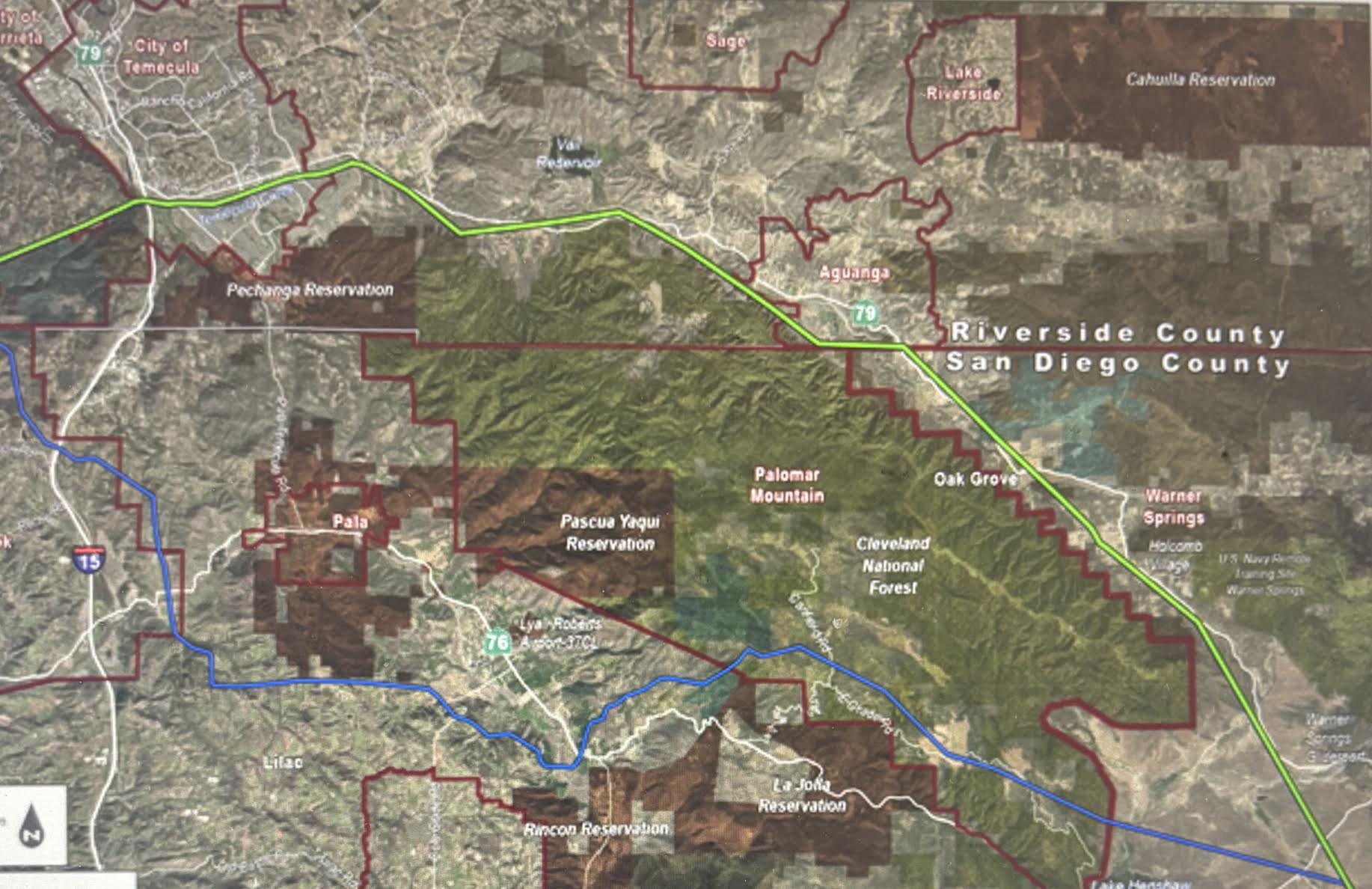 SDG&E map of the Golden Pacific Powerlink's preliminary route from Temecula past Aguanga, Oak Grove and Warner Springs toward Lake Henshaw